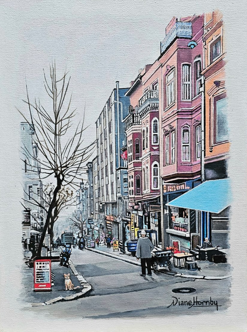 Watercolour street scene with bare tree and ginger cat