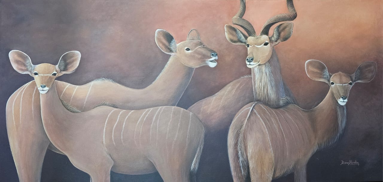 Large acrylic painting of four kudu antelope