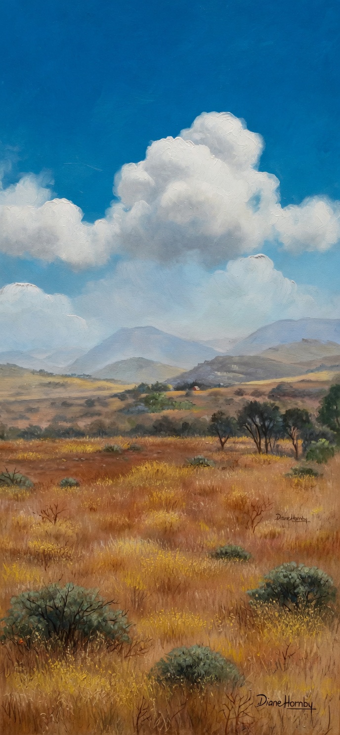 Vertical oil painting of the South African bushveld with cumulus clouds