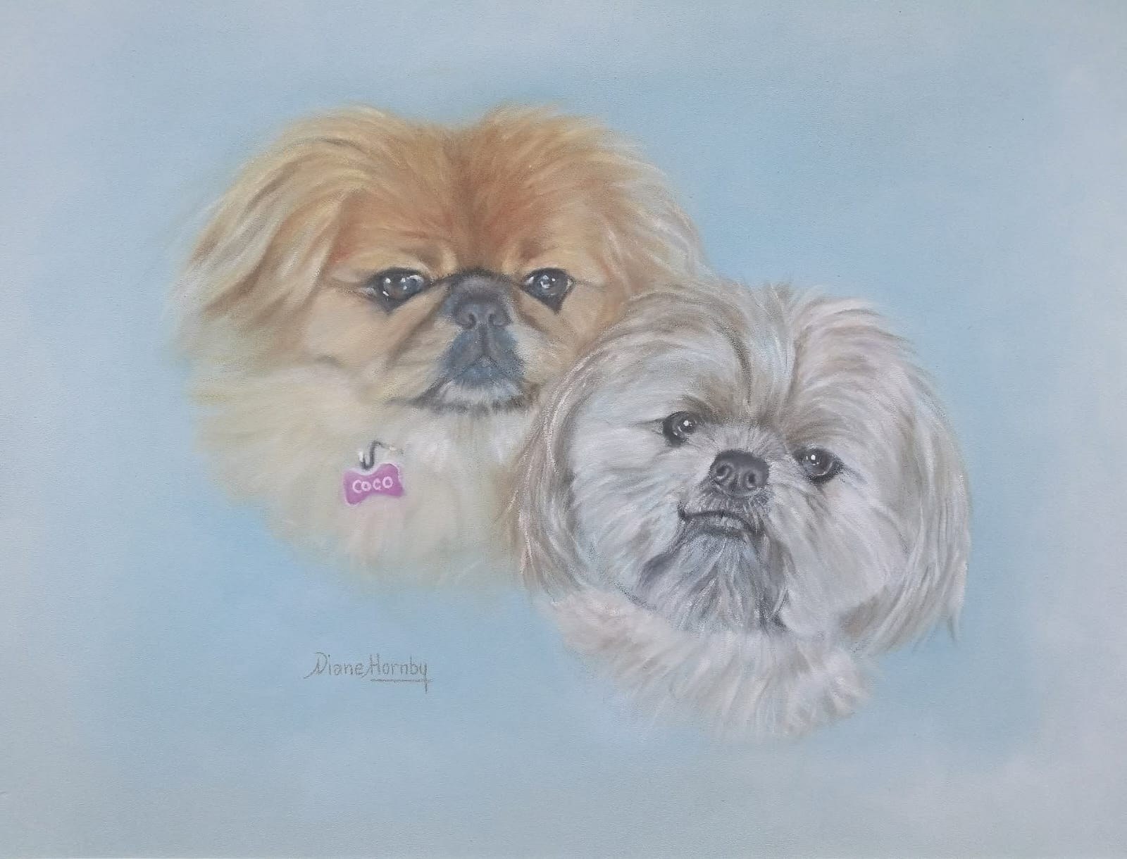 Pastel portrait of Coco, a Pekingese, and Winston, a Shih Tzu