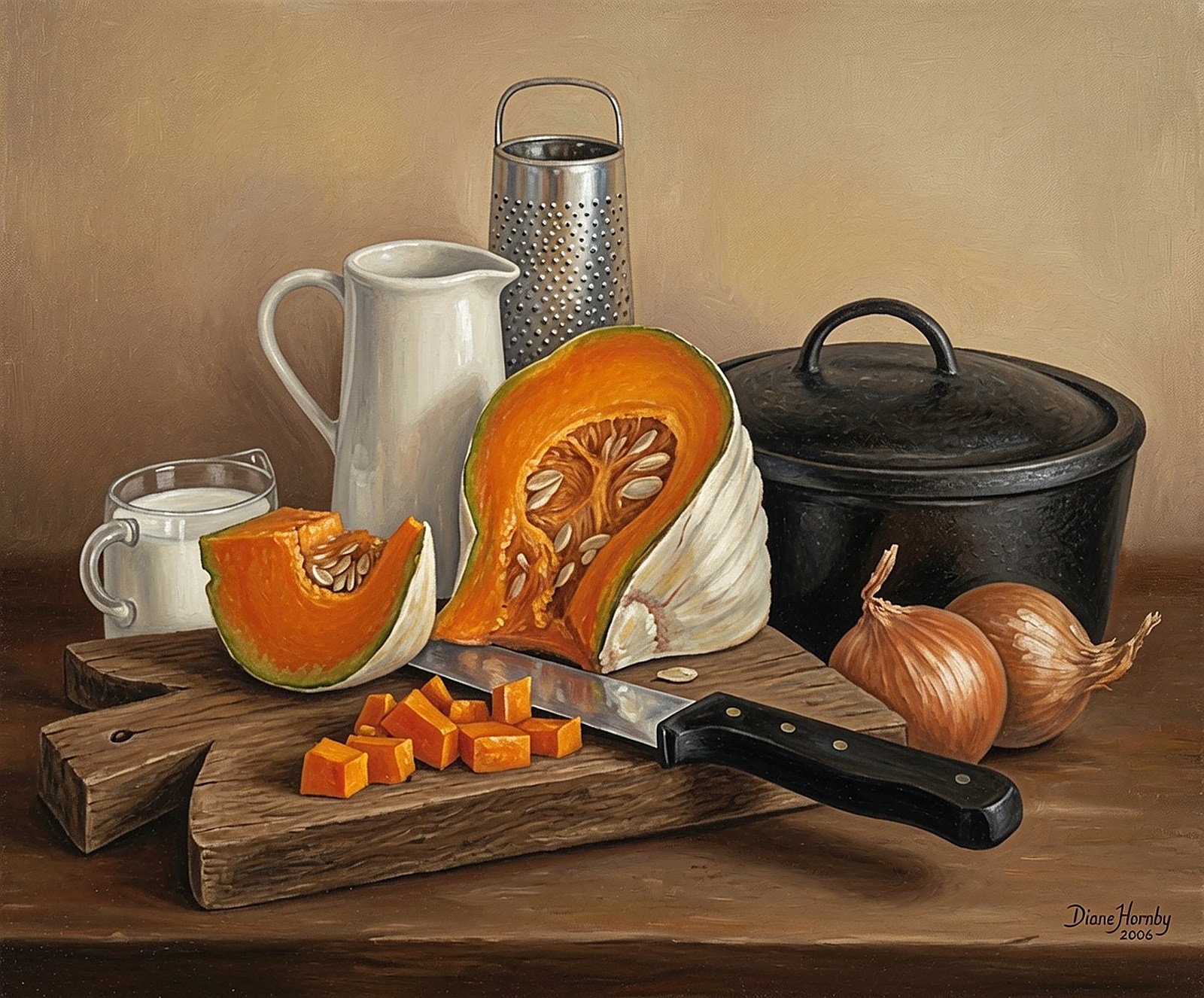 Country kitchen still life with jugs, bread and pumpkin