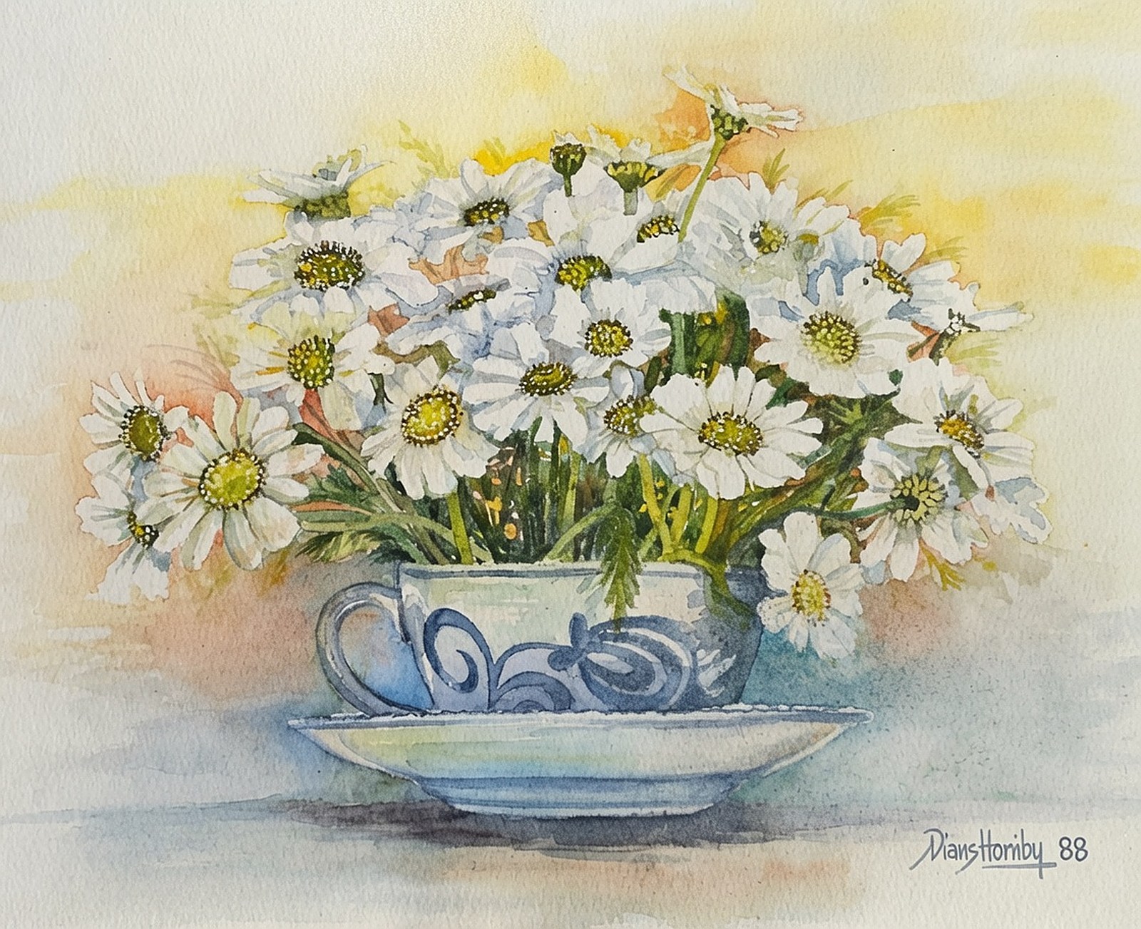 Oil painting of daisies in a blue and white bowl
