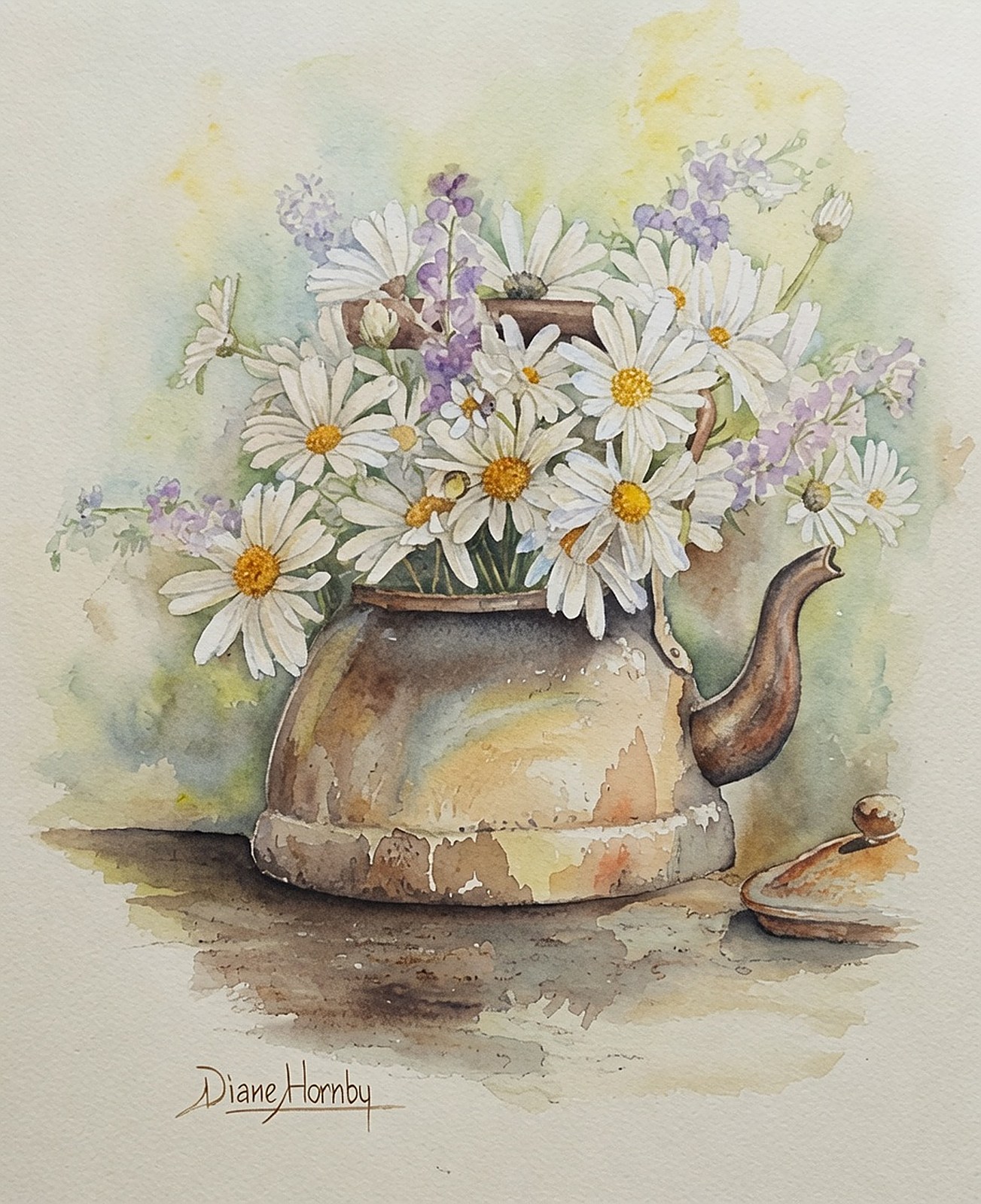 Oil painting of white daisies in a copper pot