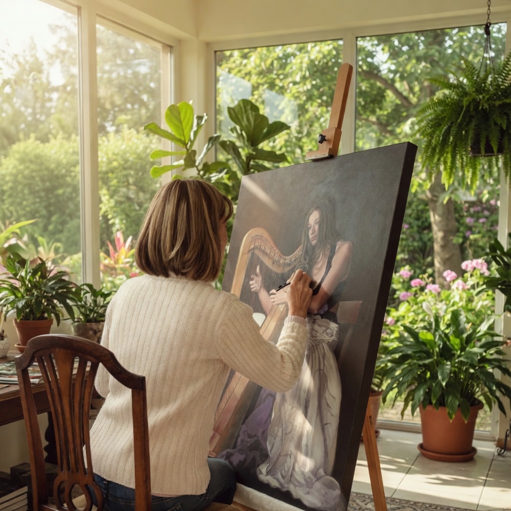Diane Hornby at work in her sunroom studio, painting a portrait of her daughter playing the harp