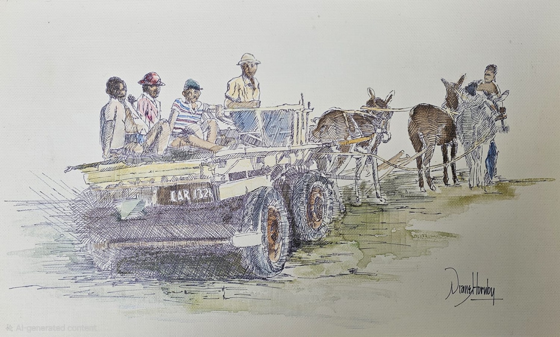 Watercolour and ink scene of a donkey cart with figures