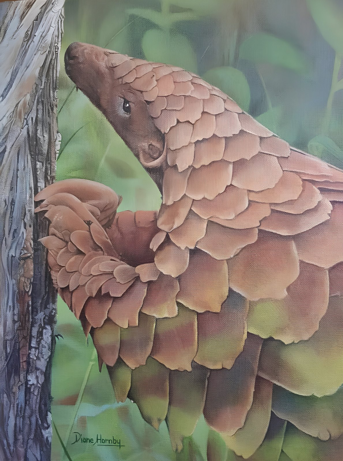 Acrylic painting of River, a pangolin, climbing a tree trunk against green bush