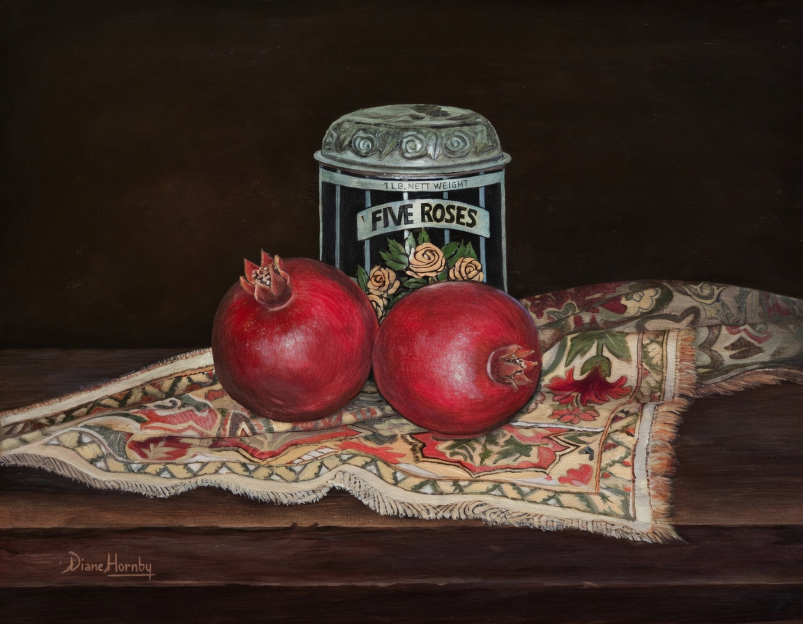 Pomegranates and Five Roses tin still life