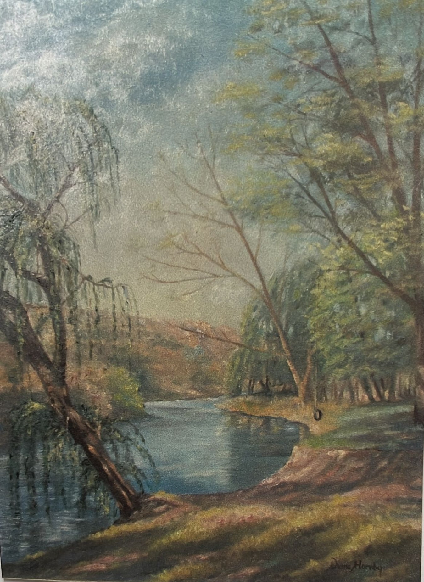 River lined with willow trees, oil painting
