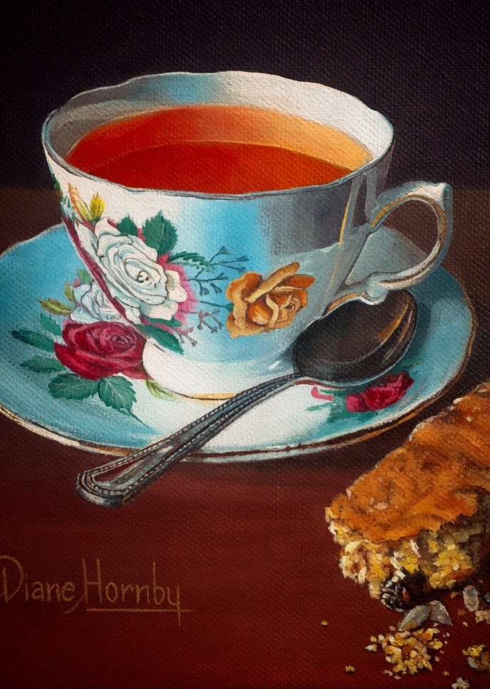 Acrylic still life of a teacup of rooibos with a biscuit