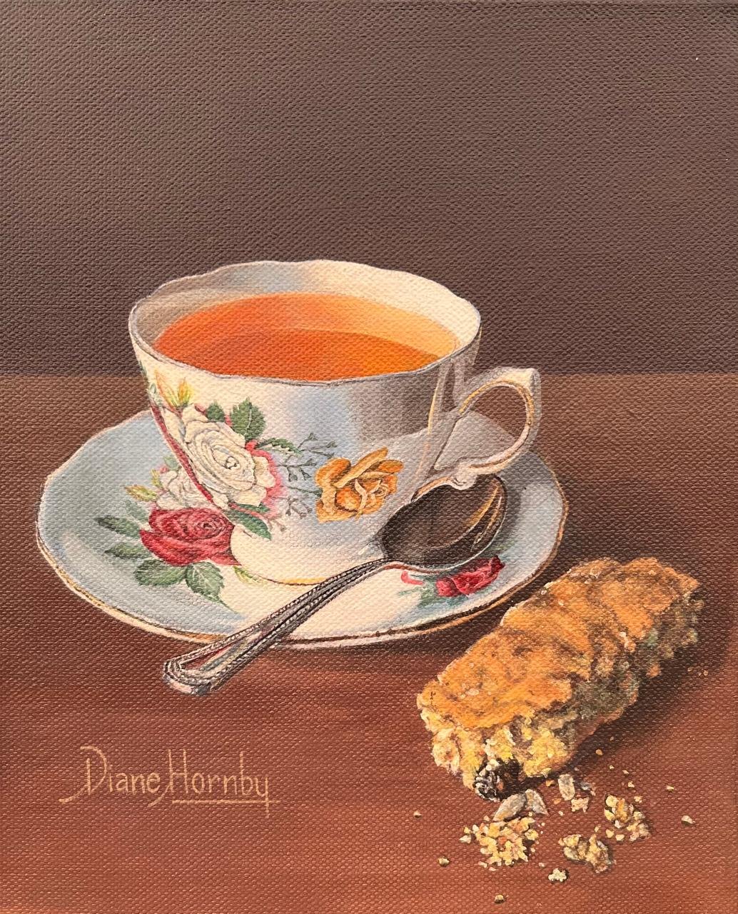 Acrylic still life of a teacup of rooibos with a biscuit