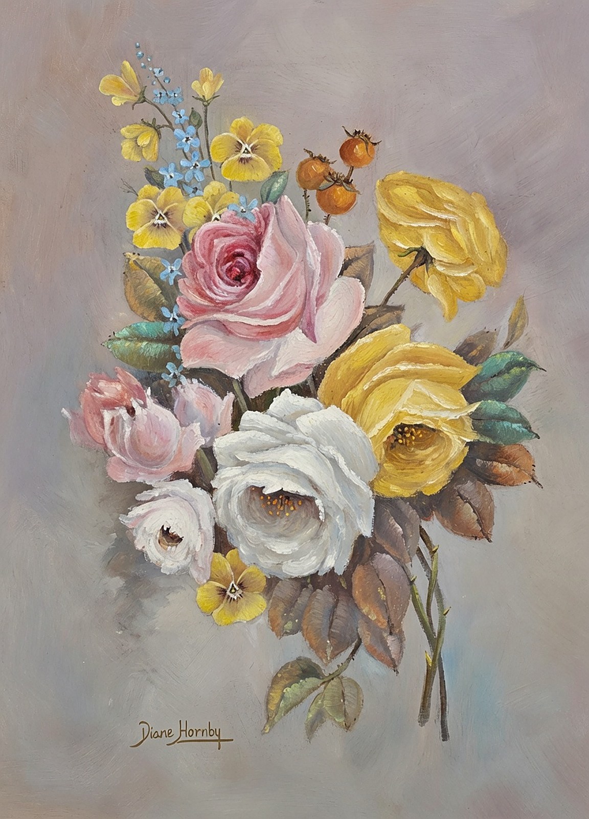Oil painting of mixed pink, yellow and white roses