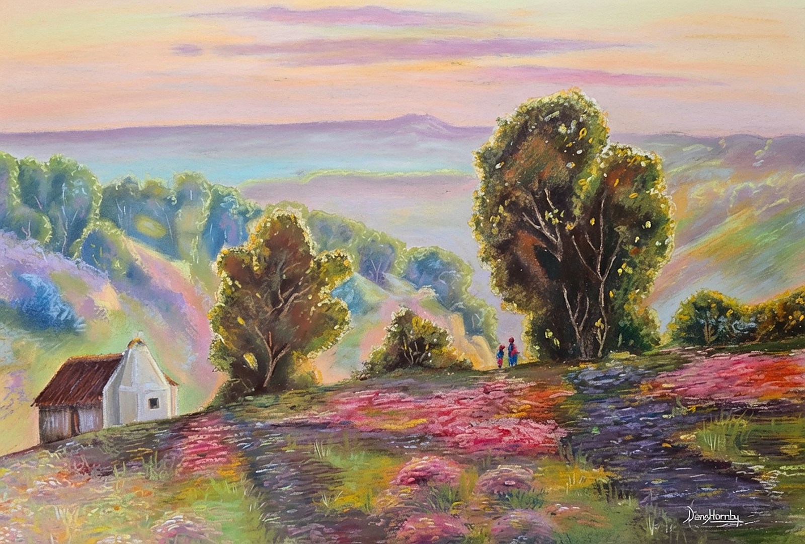 Colourful veld in bloom with wildflowers and a cottage