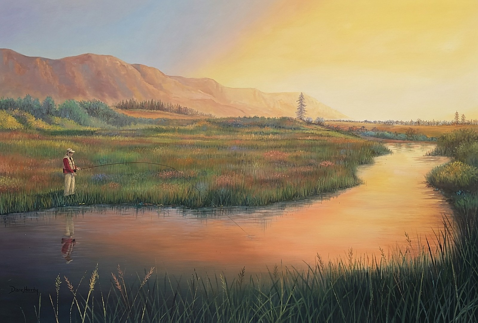 Golden wetland at dusk with a lone figure