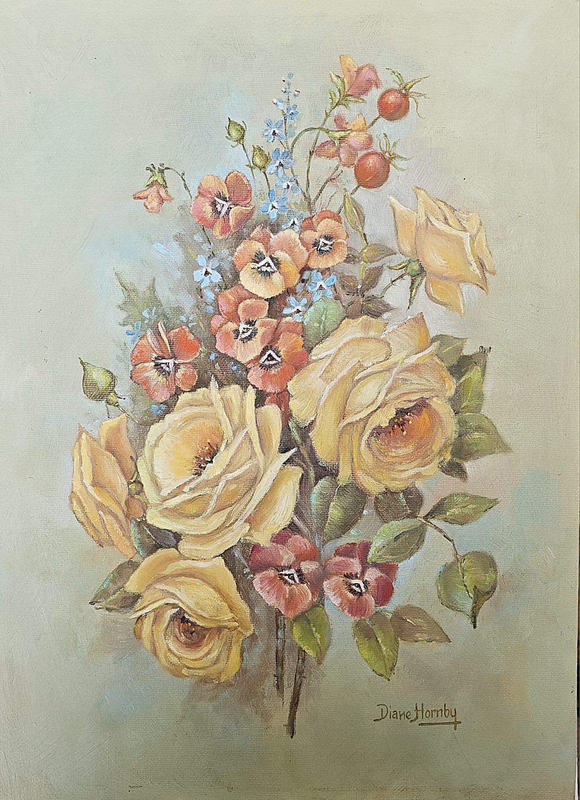 Oil painting of yellow and cream roses