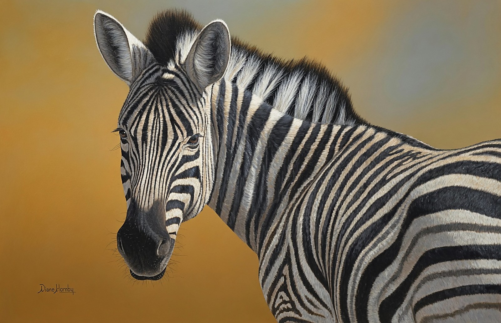 Realistic painting of a zebra against a warm ochre background
